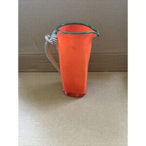 Pitcher Small Hand Blown Art Glass  Accent Red With Green Rim Vintage Signed